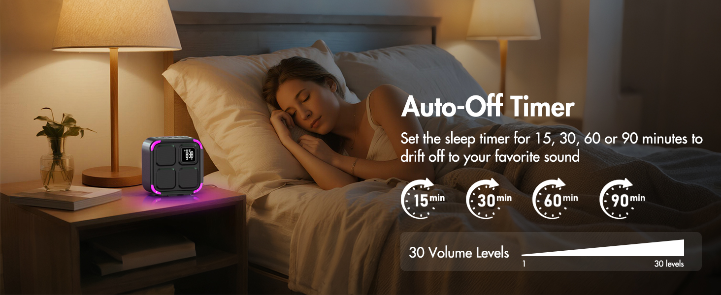 noise machine features auto off sleep timer with 15, 30, 60, 90 minutes options and 30 volume level
