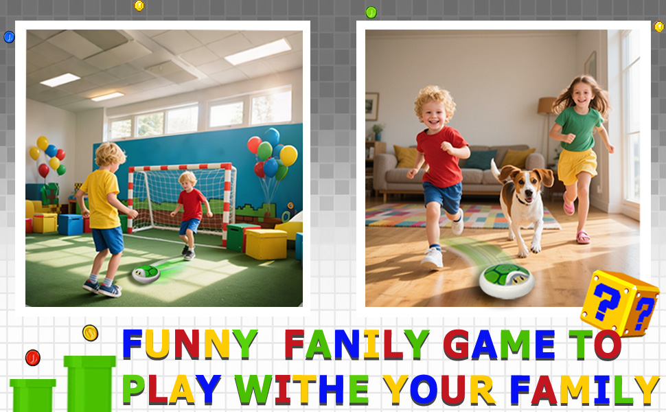 Family game set with two panels: children playing soccer in a colorful room, and kids running with a dog in a living room. Colorful text below reads 'FUNNY FAMILY GAME TO PLAY WITH YOUR FAMILY'.