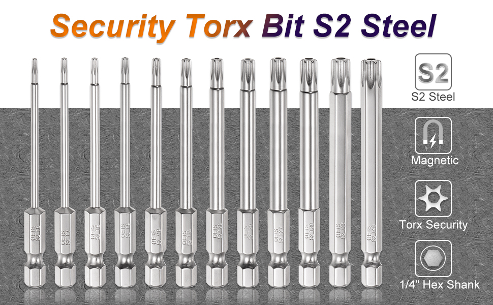 sourcing map 5Pcs Security Torx Bit 1/4" Hex Shank 4" Long Drill Bits