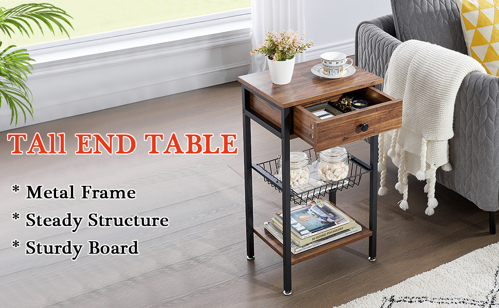 VECELO Tall Side End Table, Nightstands Shelf Storage