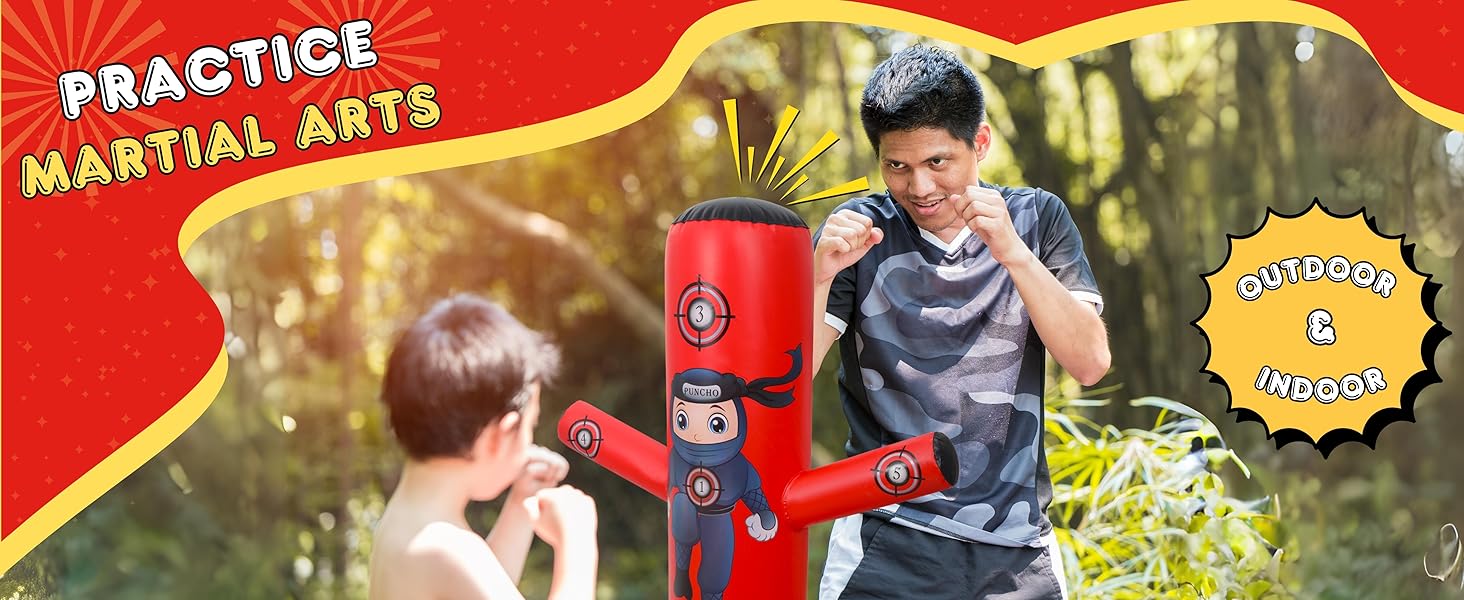 Close-up of ninja punching bag for kids with five printed training targets