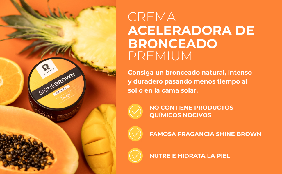 Creme acelerador de bronzeamento anunciado com frutas tropicais. As reivindicações do produto incluem bronzeado natural, intenso, sem produtos químicos nocivos, fragrância famosa e nutrição da pele