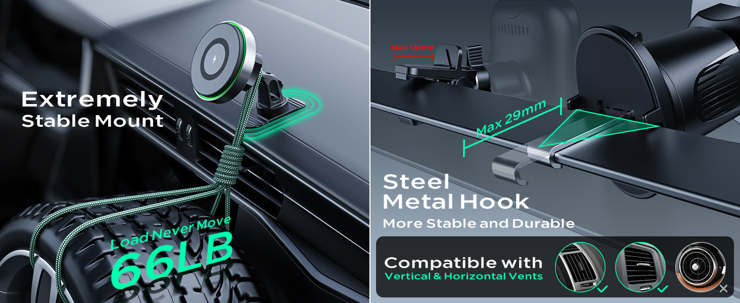 Car phone mount with steel metal hook. Features include extreme stability, compatibility with various devices, and dimensions of the hook (28mm).