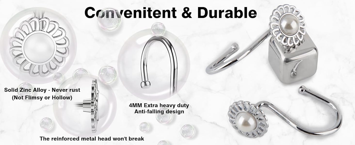 Silver Shower Curtain Hooks Rings, Decorative Shower
