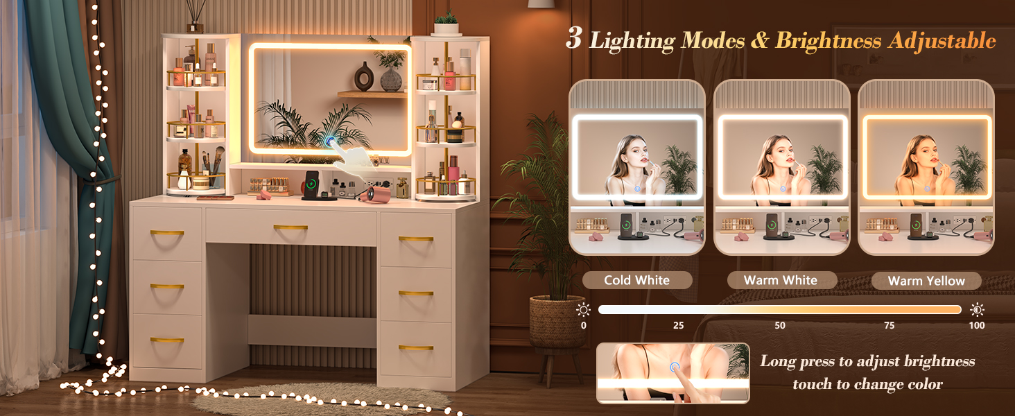 white makeup desk with 3 colors lights and brightness adjustable