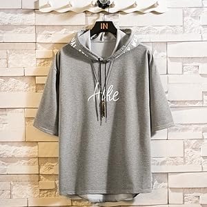 メンズパーカー、半袖、プルオーバー、スウェットシャツ、夏の服、ゆるい、プレーン、フード付きスウェットシャツ、カジュアル、大きなサイズ