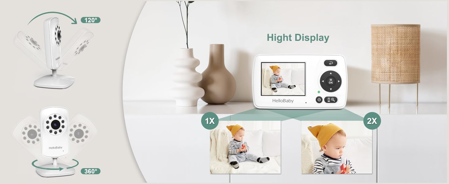 Baby monitor system with multiple components: main display unit, camera, and additional sensors for temperature and sound monitoring.