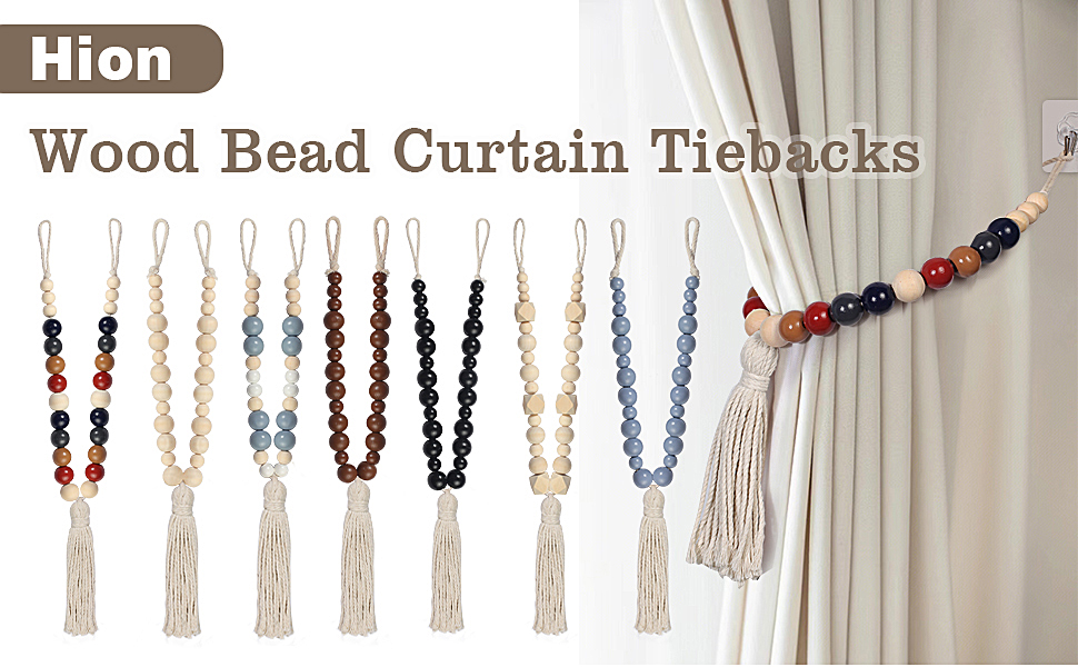 Hion 2 Pcs Boho Curtain Tiebacks,Wood Beads Curtain Holdbacks with Tassel,Outdoor