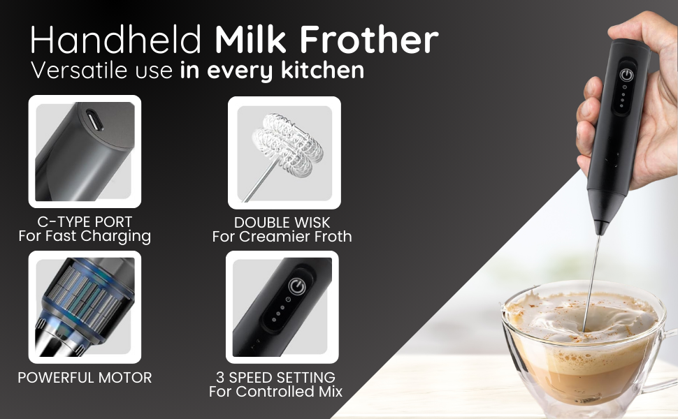 milk frother handheld, rechargeable milk frother, electric milk frother wand, SPN-RECPP