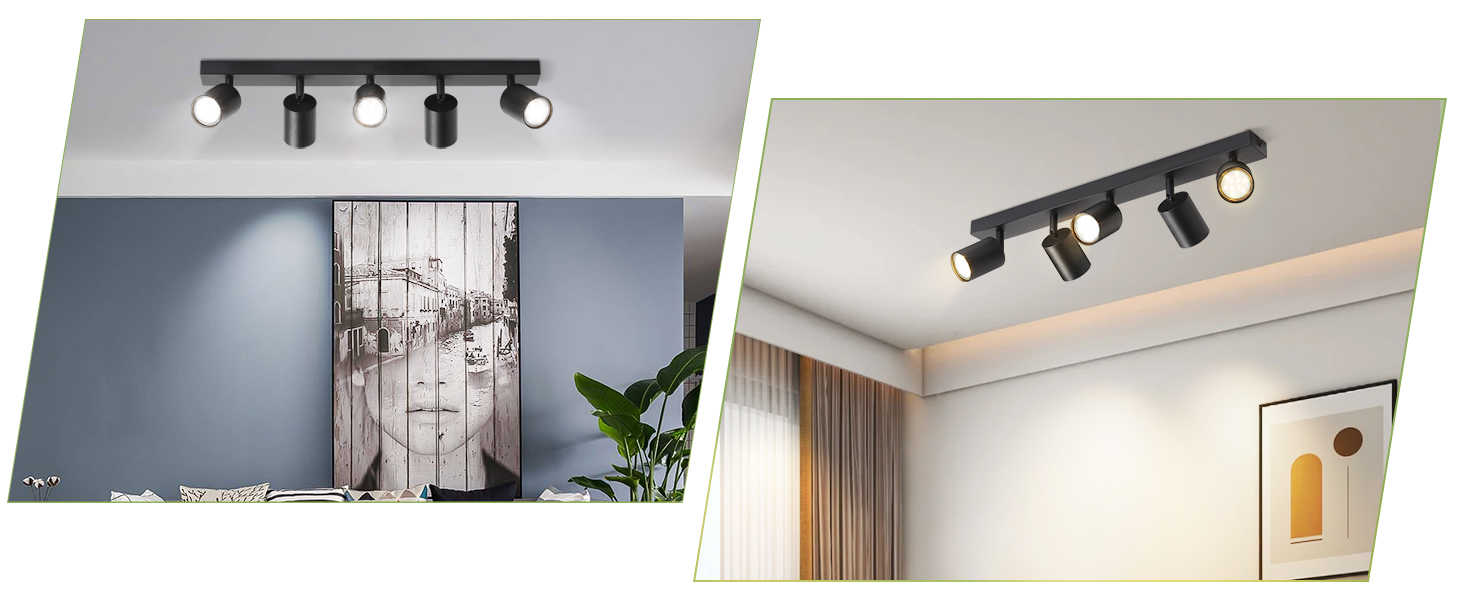 Zwei Innenszenen mit modernen Schienenleuchten. Schwarze verstellbare Strahler, die an Deckenschienen montiert sind, in modernen Räumen.