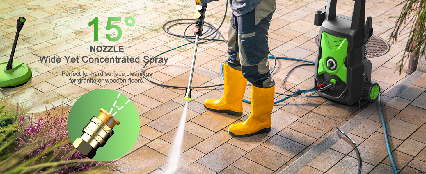 Pressure washer in use on patio, featuring 15° nozzle for concentrated spray. Yellow boots visible. Inset shows nozzle close-up with green background. Device body partially visible.