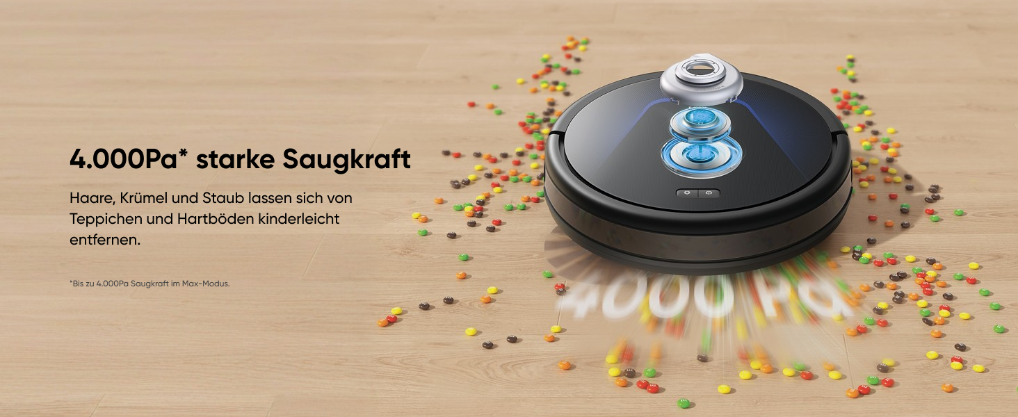 Ein kreisförmiges Gerät mit blauer LED-Beleuchtung auf einer Holzoberfläche, umgeben von bunten Streuelementen. Der Text gibt eine Saugleistung von 4000 Po