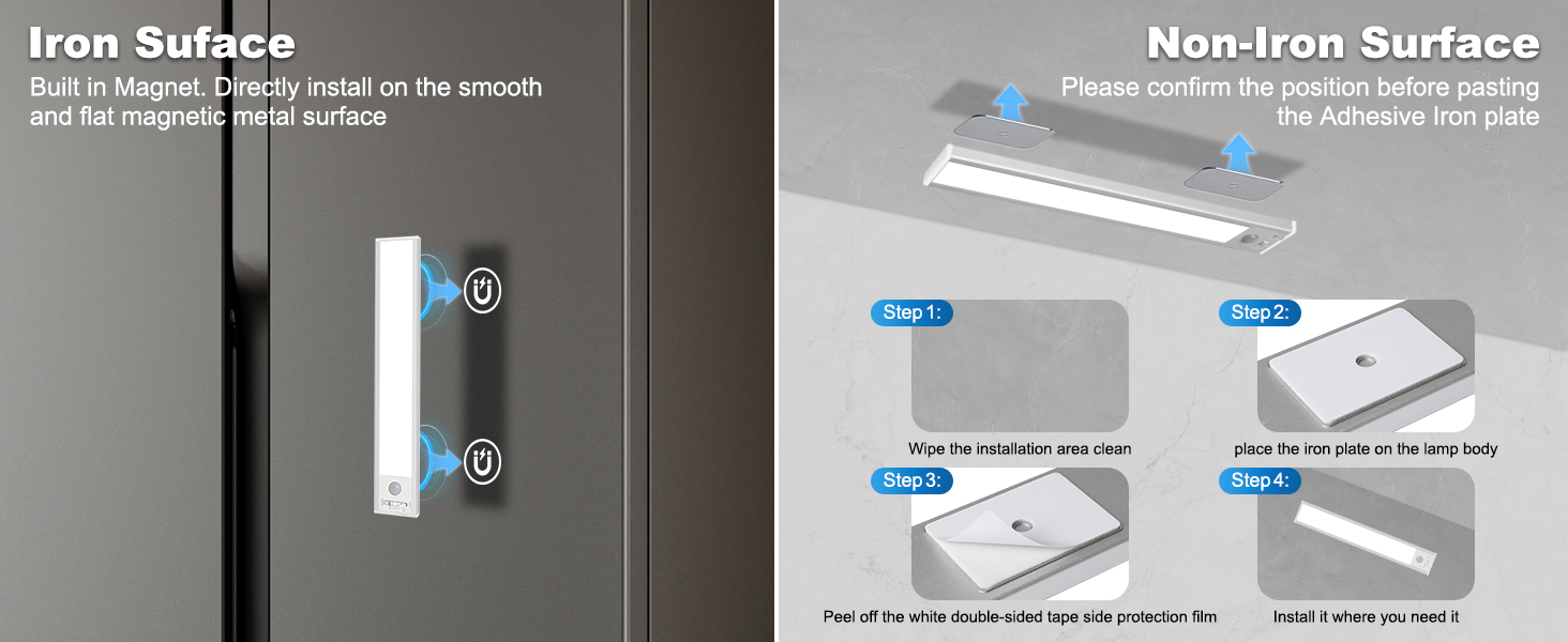 Text reads 'Iron Surface' and 'Non-Iron Surface'. Diagram comparing magnetic surface mounting options with measurement indicators and installation instructions.