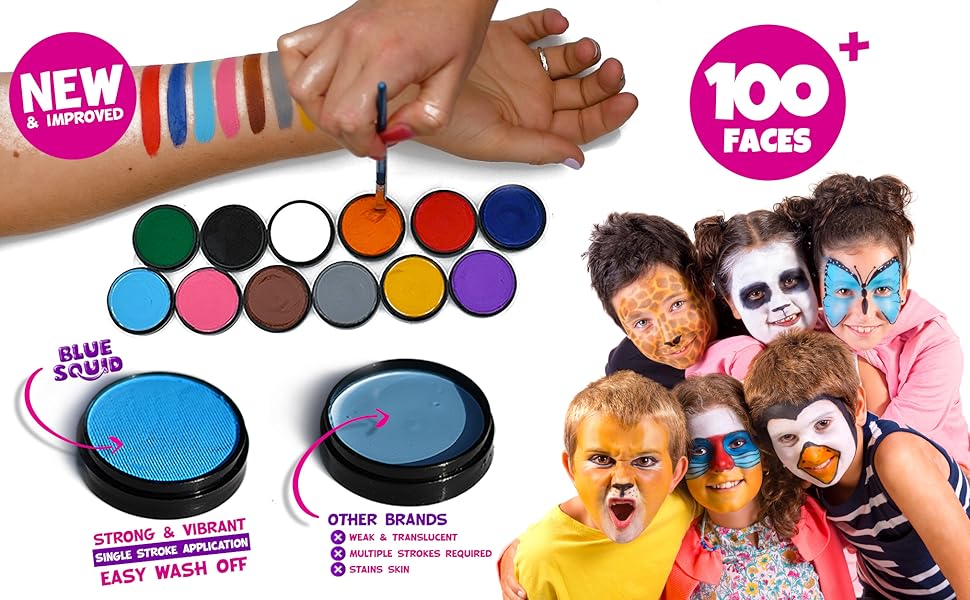 Blue Squid Face Paint Kit for Kids 52 Pieces, 14 Colors, 2 Glitters