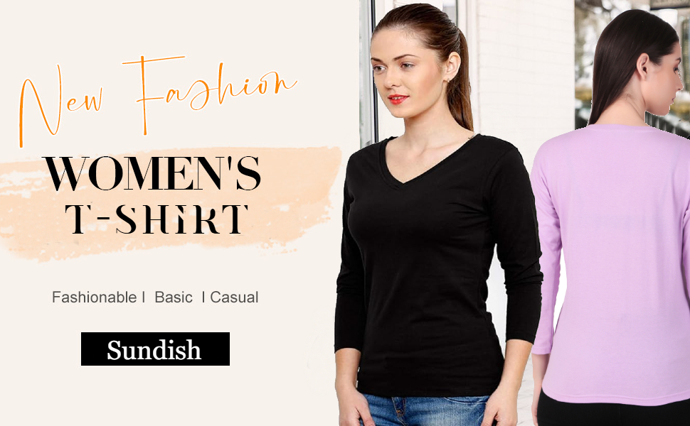 Sundish Women's 3/4 Sleeves Regular Fit V-Neck Cotton T-Shirt