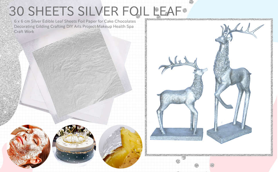 30 Sheets Silver Foil Leaf, 6x6 cm/2.4x2.4 Inch Silver Edible Leaf