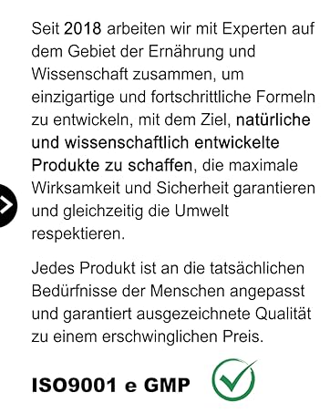 Deutsches Textdokument mit ISO9001- und GMP-Zertifizierungssymbolen, in dem Produktentwicklung und Qualitätsstandards seit 2018 erörtert