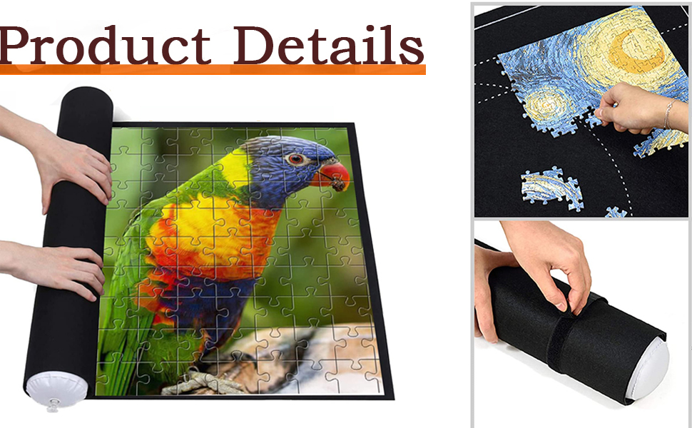 Puzzle roll-up mat with colorful parrot puzzle demonstration and a second image showing Van Gogh's Starry Night puzzle. Includes black storage tube.