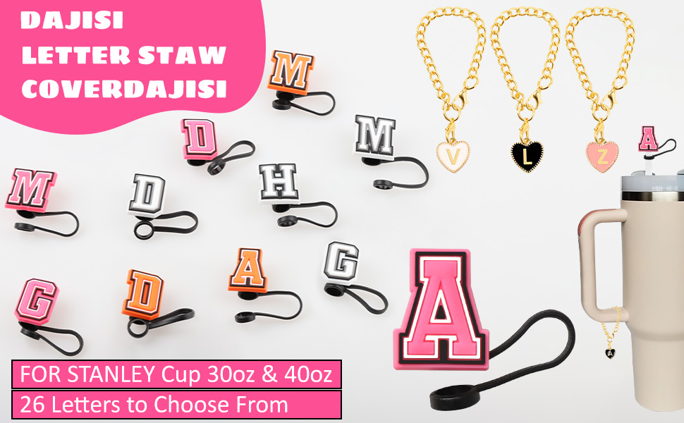 Silicone Straw Cover for Stanley Cup 30&40oz 3PCS Handle Personalized Letter Charms with 3PCS 10mm Straw Cover Cap for Stanley Cup Orange Straw Tips Lids for Stanley Cup Accessories (Letter K) 11 1