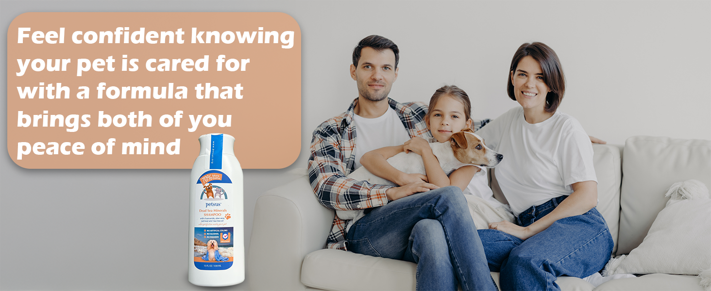 Family with dog using Petsus shampoo for safe, trusted care