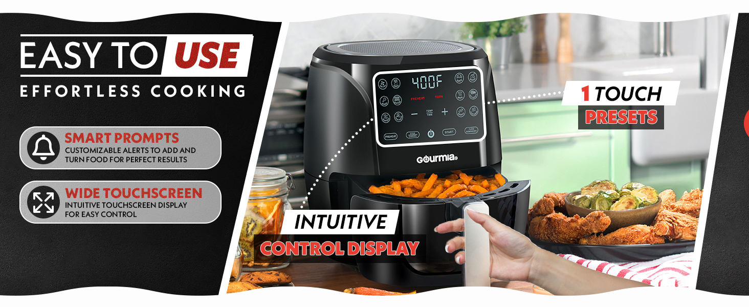 Compact countertop air fryer with 12 one-touch cooking presets