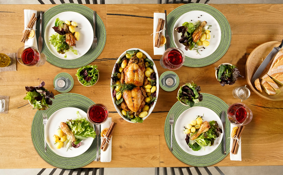 Pauwer Round Placemats and Coasters Set of 6, Green Non Slip Washbale Table Mats and Coasters