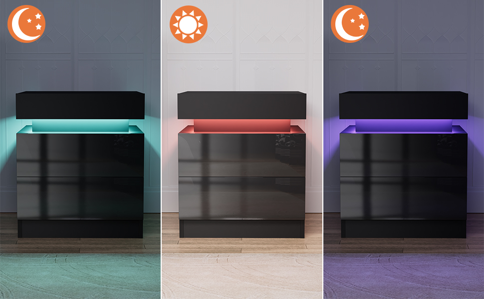 Rcynview Comodino Con Illuminazione A LED, Tavolino Con Ampio Spazio Di Archiviazione, In Legno, Con 3 Cassetti - Foto 1