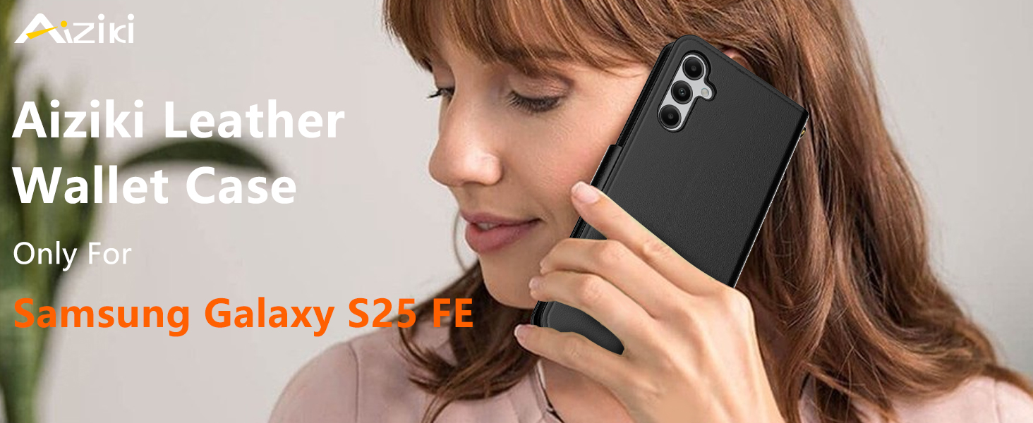 Text reads: 'Aiziki Leather Wallet Case' and 'Samsung Galaxy S22 Plus'. Product photo showing a phone case in use.