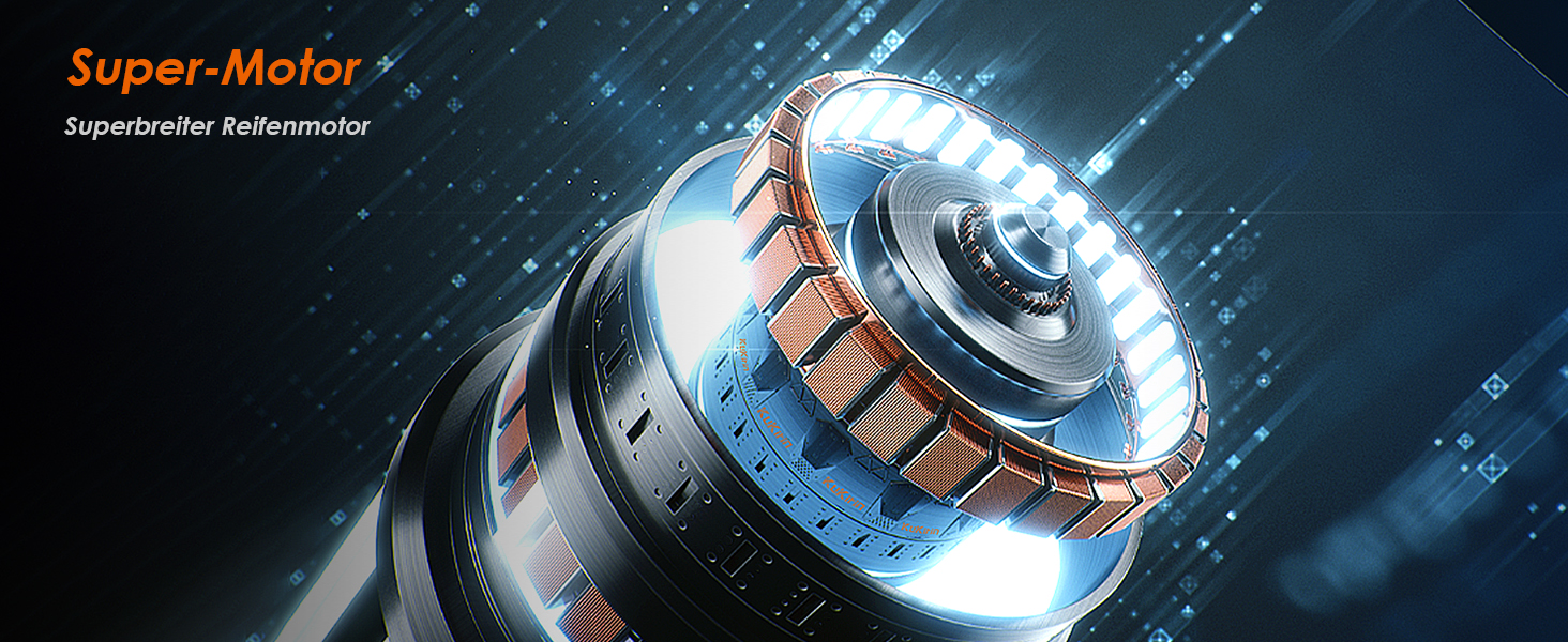 Nahaufnahme eines leistungsstarken Elektromotors mit Kupferwicklungen, silbernem Gehäuse und blauer LED-Beleuchtung, der fortschrittliche Technologie und Präzisionstechnik zeigt