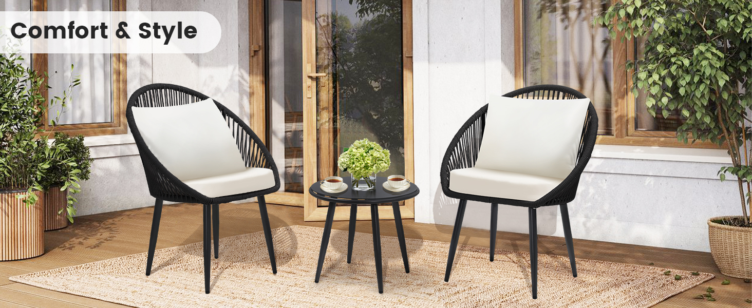 3 Pieces Bistro Set, Woven Rope Chair with Cushions, All Weather Conversation Set and Side Table