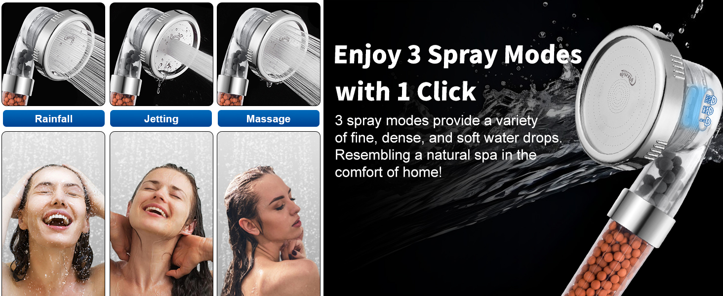 Rainfall, Jetting, Massage mode, enjoy 3 spray modes with 1 click!