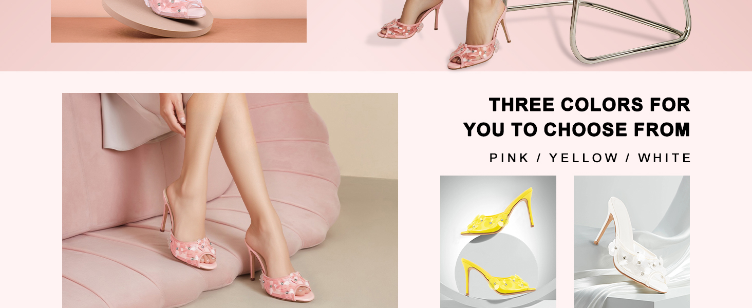 pink heeled sandals and white pumps and yellow mules