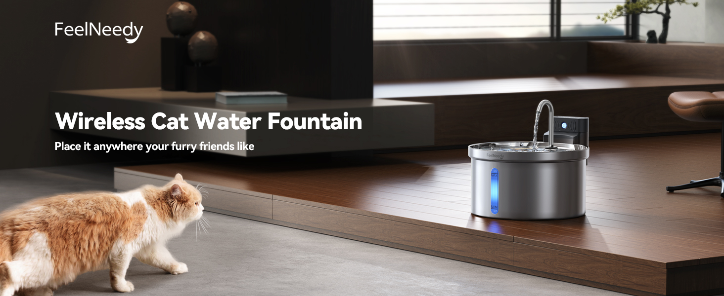 FeelNeedy wireless cat water fountain in metallic gray finish with LED indicator, shown with orange cat approaching.