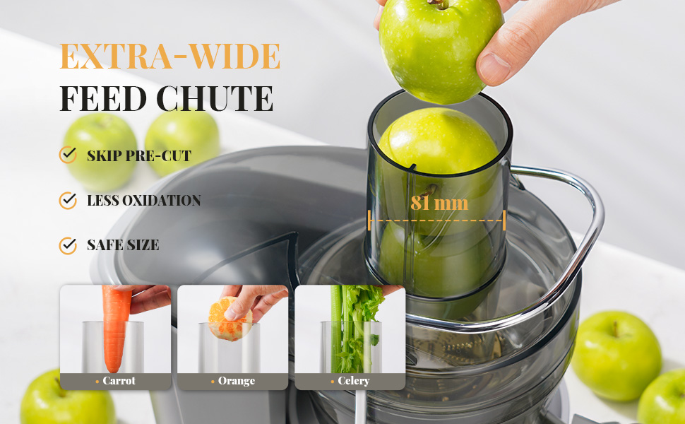 Juicer with extra-wide 84mm feed chute accommodating whole fruits. Features include skip pre-cut, less oxidation, and safe size. Demonstrates use with apple, carrot, orange, and celery.
