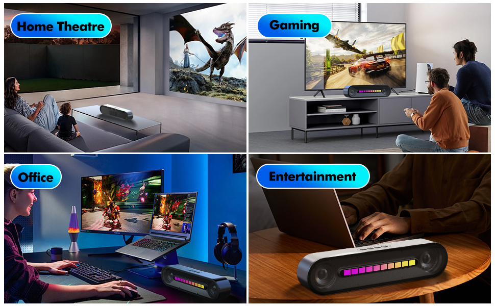 Four-panel gaming setup display showing various entertainment configurations with projection screens and RGB lighting setups.