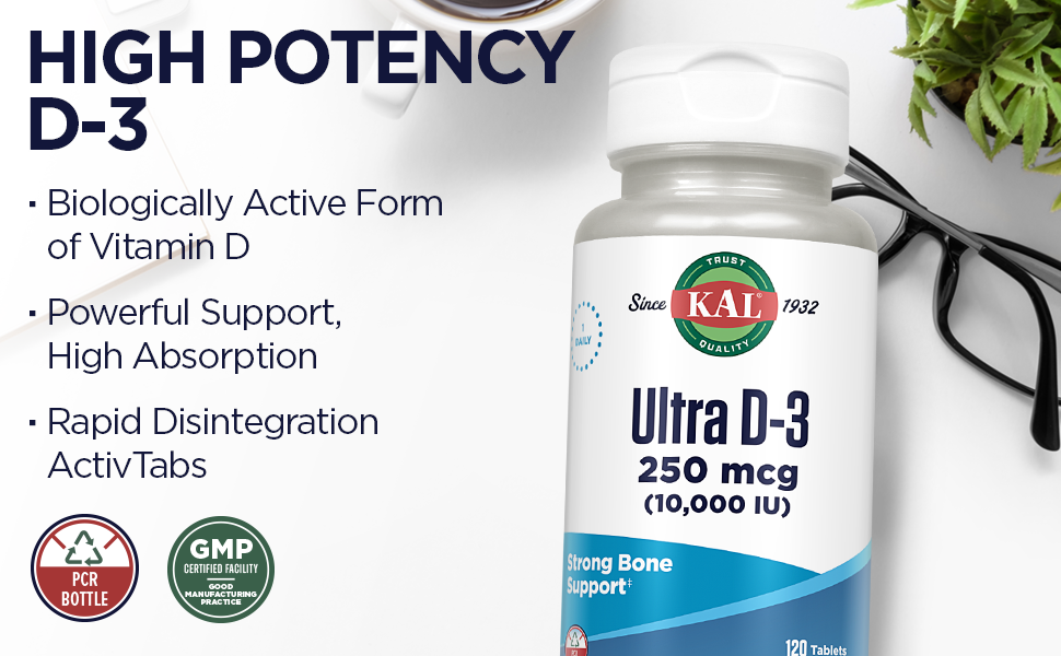 KAL Ultra Vitamin D-3 10000 IU High Potency Rapid Disintegration Immune Function & Bone 120 Tablets