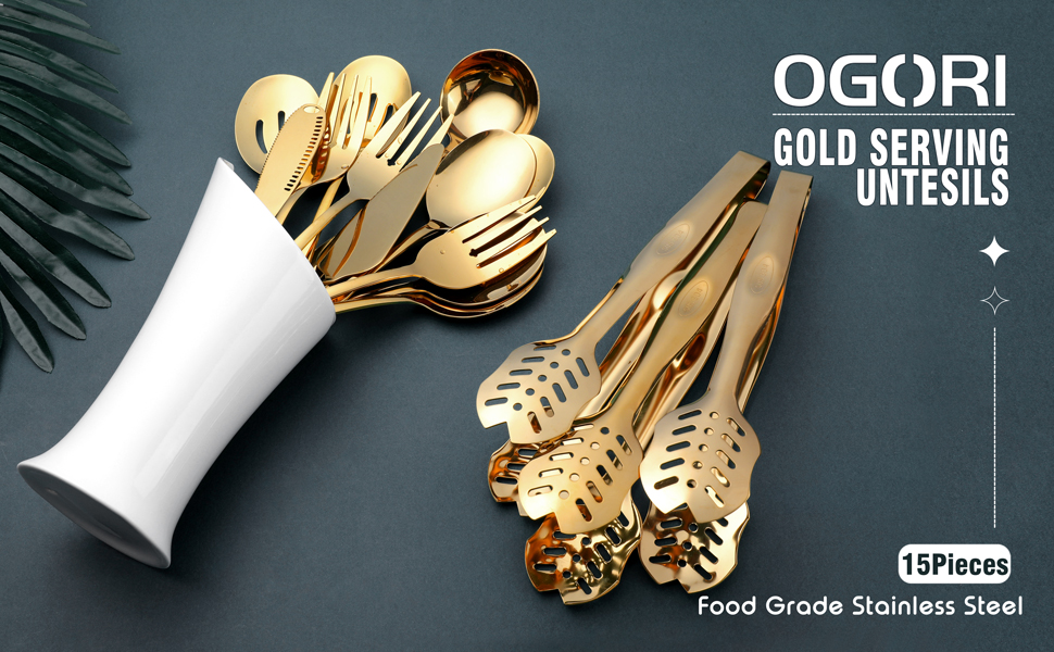 Gold Serving Utensils, OGORI 15Piece Stainless Steel Gold