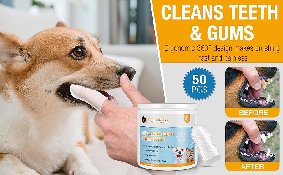 Text reads 'CLEANS TEETH & GUMS' and 'Ergonomic 360° design makes brushing fast and painless' and '50 PCS' and 'BEFORE' and 'AFTER'. Shows demonstration of pet dental cleaning product with before/after comparison.
