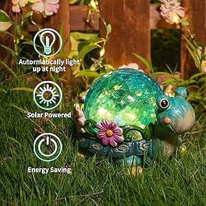 Garden Statue Turtle Figurine - Solar Powered Resin Animal Sculpture with LED Warm String Light