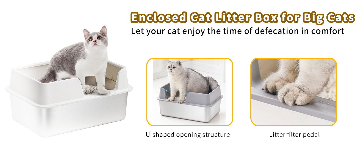 Enclosed Stainless Steel Cat Litter Box with Lid, Upgraded