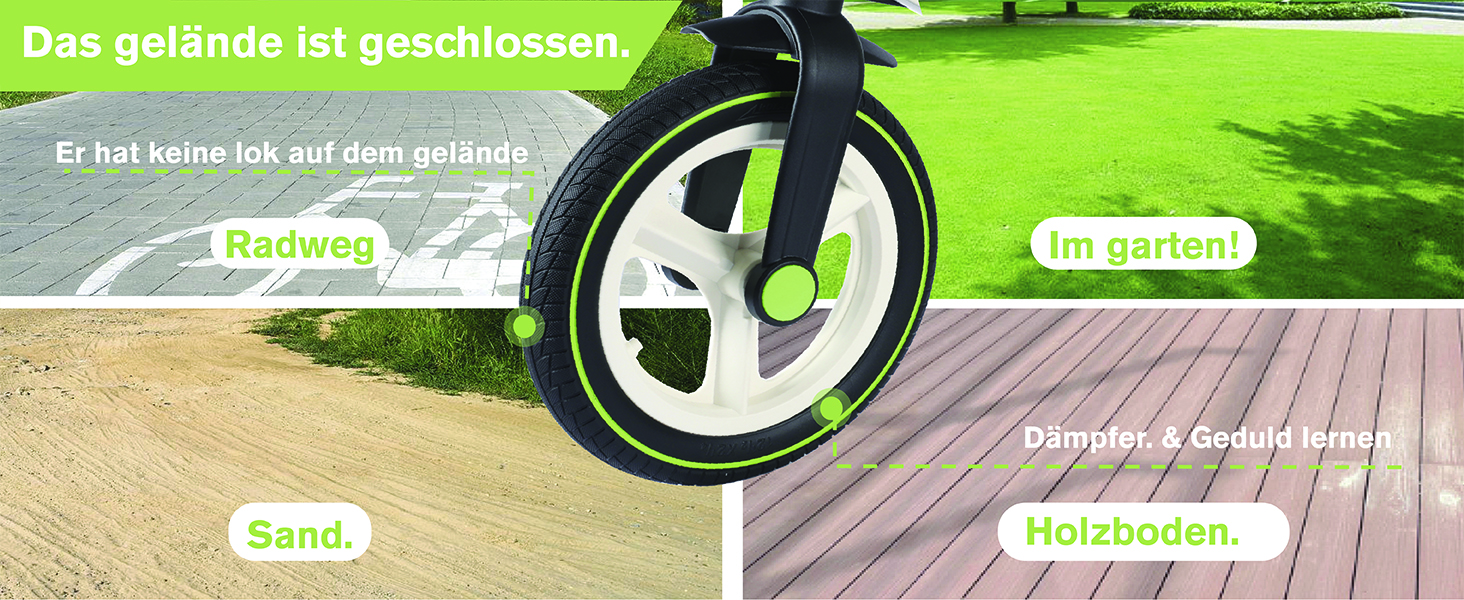 Nahaufnahme eines Fahrradrads mit schwarzem Reifen und weißer Felge mit grünen Akzenten. Der Hintergrund zeigt verschiedene Oberflächen: gepflasterter Weg, Gras, Sand und Holzdeck