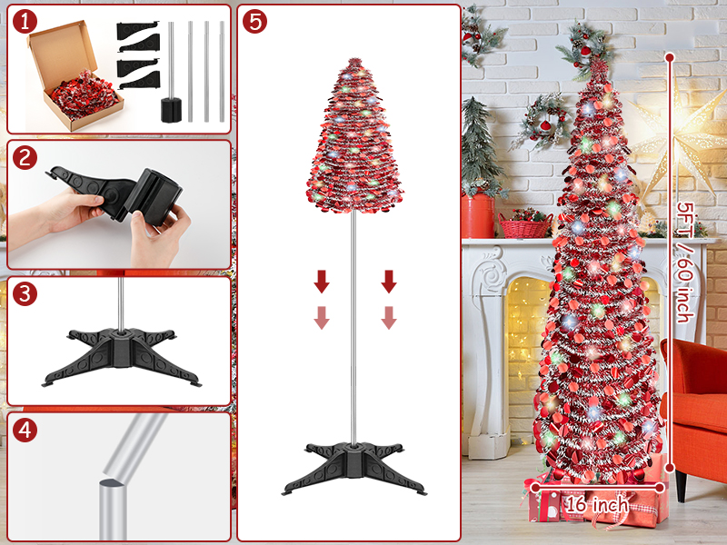 5FT Tinsel Pop Up Christmas Tree, Collapsible Christmas Tree with 90
