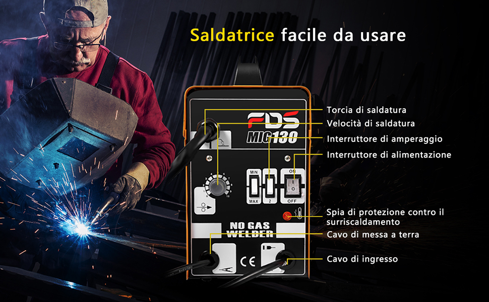 RELAX4LIFE Saldatrice MIG 130, Attrezzatura Per Saldatura Certificata Con Maschera, Alto Livello D’Isolamento H, Dispositivo Di Ventilazione Per Dissipare Calore, AC Regolabile In 4 Posizioni (Giallo) 13 1
