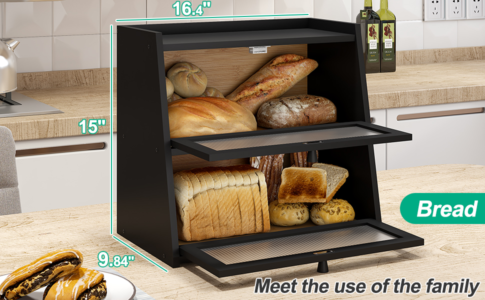 kiplant Large Black Bread Box, Double Layer Bread Box for