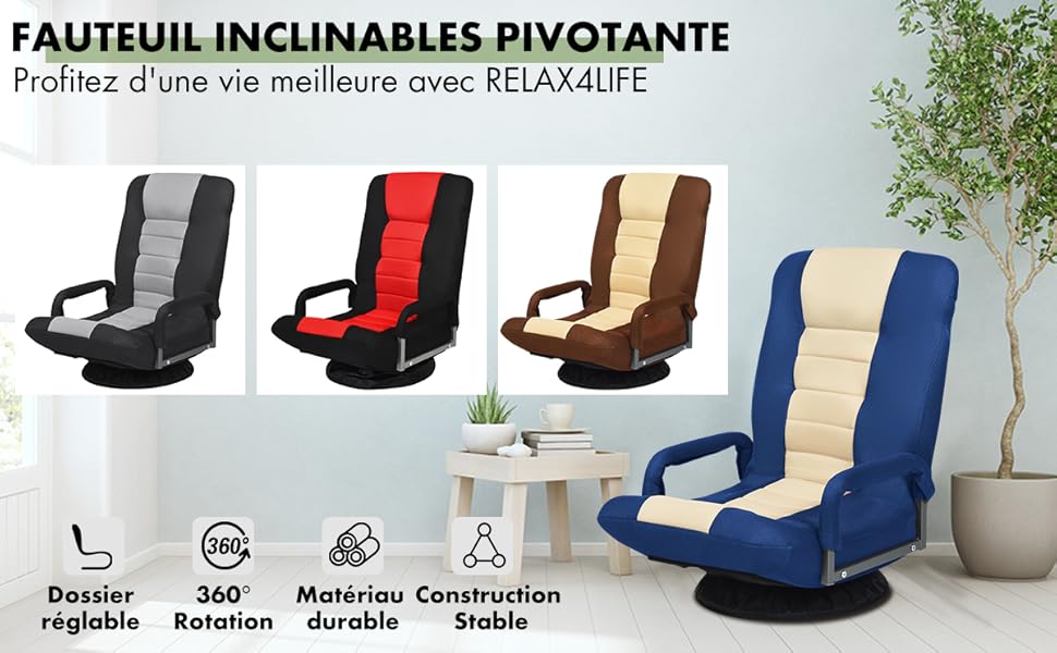 RELAX4LIFE Fauteuil Inclinables Pivotante à 360° Pliante Avec Accoudoirs, Chaise Rembourrée Inclinable En 5 Positions Pour Travailler, Jouer Idéal Pour Salon, Chambre, Bureau (Brun) 13 3