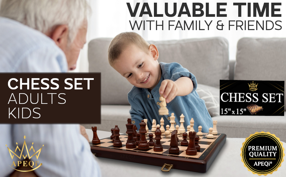 Text reads 'VALUABLE TIME WITH FAMILY & FRIENDS' and 'CHESS SET KIDS'. Multiple images showing a chess set being used, with wooden pieces and board.