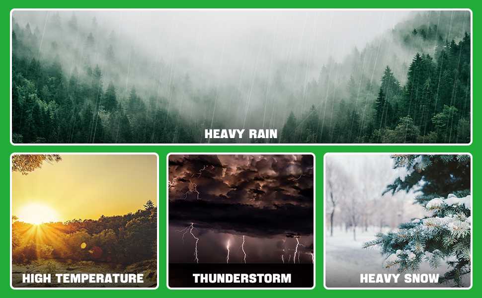 Weather conditions infographic showing four images: misty forest labeled 'HEAVY RAIN', sunny landscape 'HIGH TEMPERATURE', lightning storm 'THUNDERSTORM', and snowy scene 'HEAVY SNOW'.