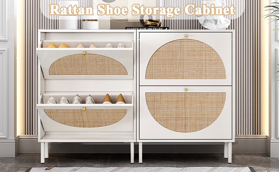 White Rattan Shoe Storage with 2 Flip Drawers for