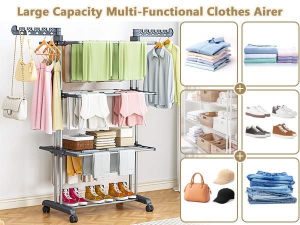 Text reads 'Large Capacity Multi-Functional Clothes Airer'. Shows rolling garment rack with multiple tiers for clothes, shoes, and accessories, with usage example images.