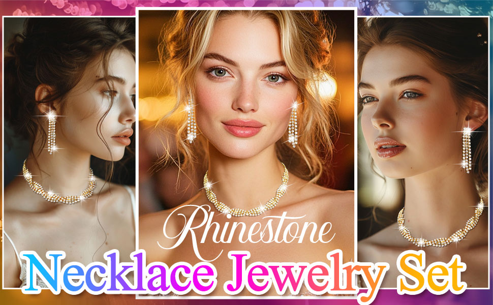 Rhinestone jewelry set promotional image showing elegant earring designs displayed in three styled product shots.